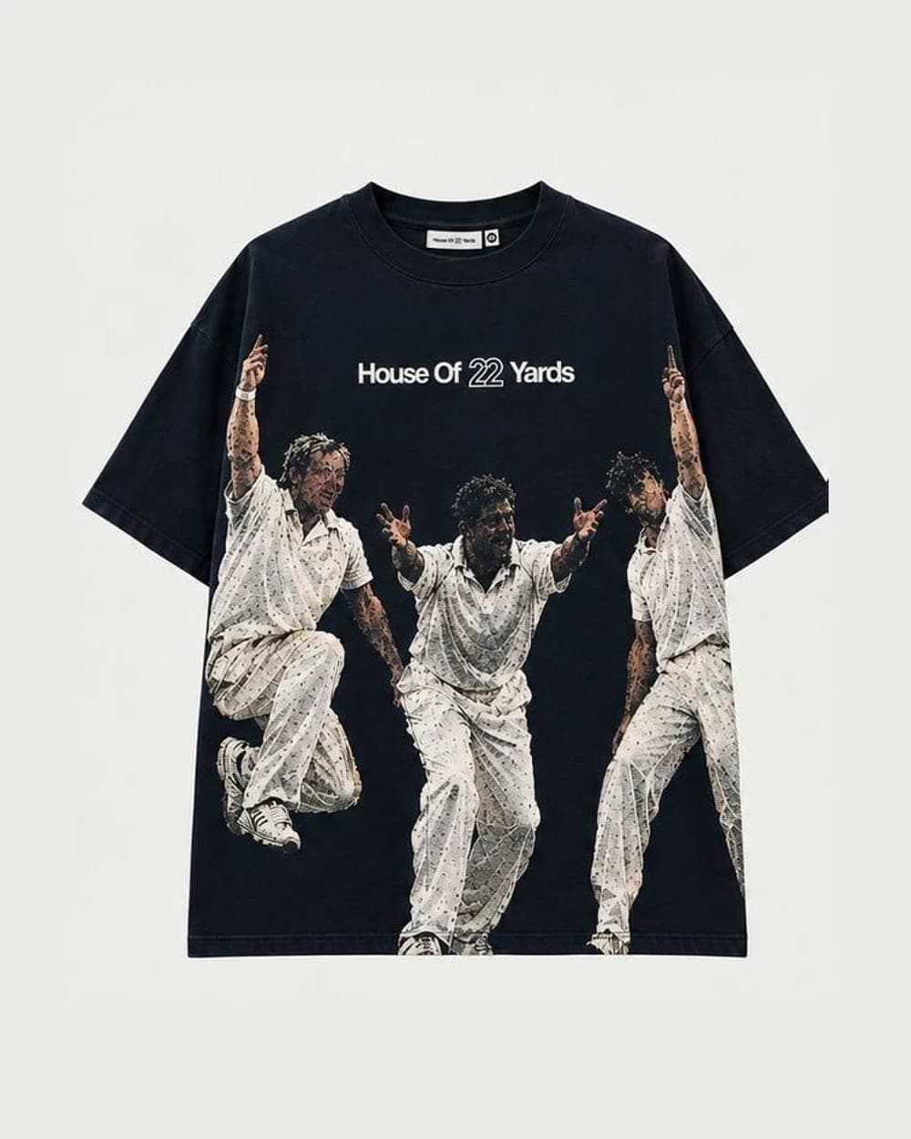 House of 22 Yards 'Not Out' tee, navy with three celebrating cricketers